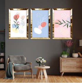 Resim Zevahir Mobilya Dekorasyon Minimalist Çiçek Soyut Desen Gold Pleksi Kenar Üçlü Mdf Tablo Seti 