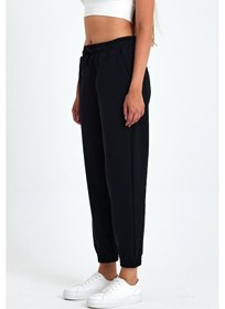 Resim Kadın Siyah Pamuklu Kalın Paçası Lastikli Yüksek Bel Rahat Jogger Eşofman Altı Cmrb95 Siyah 