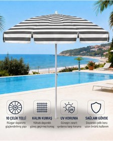 Resim Durul Plaj Şemsiyesi Balkon Bahçe Güneş Şemsiyesi 200cm 10 Telli UV Korumalı - Gri Çizgili 