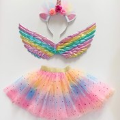 Resim Unicorn Wings, Baş Bandı ve Etek Üç Parça Set Noel ve Cadılar Bayramı Partisi Prenses Kostümü 4-6 Yaş Aralığı İçin. 