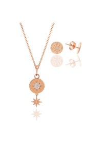 Resim Gümüş Rose Zirkon Taşlı Kuzey Yıldızı Kolye Ve Küpe İkili Set 
