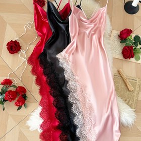 Resim 3 Parça Kadınlar İçin Şık Düz Renkli Fiyonklu Gecelik Takım - Volanlı Yaka ve Kontrast Nakış Detay, Tüm Mevsimler Uzun Kol/Kıs 