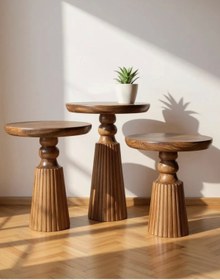 Resim ASELYA HOME Doğal Ahşap 3’lü Set Mantar Yan Sehpa Modern Fiskos Zigon Çiçeklik 