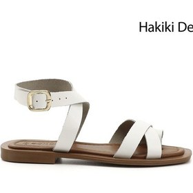 Resim Gönderi R Beyaz Parmak Arası Bilek Bağlı Hakiki Deri Sandalet Beyaz 