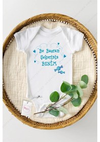 Resim Bu Bayram Şekeriniz Benim Mavi Özel Tasarım Bebek Zıbın Pamuklu Çıtçıtlı Body Beyaz 