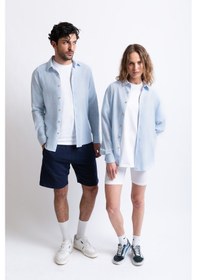 Resim Keten Kadın Gömlek Mavi 