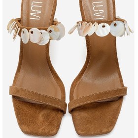Resim Luvishoes Arund Taba Süet Hakiki Deri Sedef Pul Aksesuarlı Kadın İnce Topuklu Terlik 