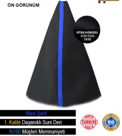 Resim Genel Markalar Peugeot 5008 2009-2016 Uyumlu Siyah Deri Özel Tasarım Mavi Şerit Spor Dikiş Vites Körüğü 