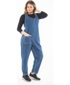 Resim Kadın Büyük Beden Mavi V Yakalı Cepli Kot Tulum 65n37321-mavi Mavi 