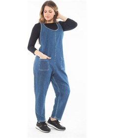 Resim Kadın Büyük Beden Mavi V Yakalı Cepli Kot Tulum 65n37321-mavi Mavi 