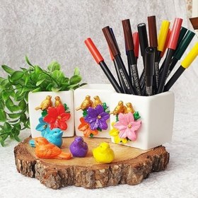 Resim Dafniart Romantik Aşık Kuş Ve Çiçek Dekorlu Saksı Kalemlik Mumluk 8 cm Çok Renkli 3 lü set 8 cm 