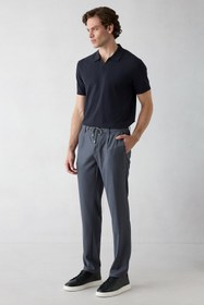 Resim Koyu Füme Regular Straight Fit Beli İpli Pileli Yan Cepli Likralı Kanvas / Chino Pantolon - Straight Regular Fit / Koyu Füme / 34 