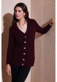 Resim Lela Regular Fit V Yaka Düğmeli Triko Örme Uzun Bayan Hırka 4615044 Bordo 
