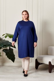 Resim Kadın Büyük Beden İki İplik Penye Uzun Tesettür Tunik - İndigo / 4XL 