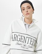 Resim Oversize Sweatshirt Yarım Fermuarlı Dik Yaka Slogan Nakışlı 