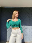 Resim Jose Clothing Kadın Uzun Kollu Kare Yaka Ön Büzgü Detay Esnek Kumaş Crop Bluz 