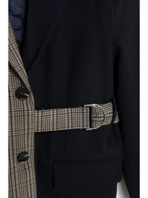 Resim Ekose Garnili Kuşak Detaylı Oversize Blazer Ceket Lacivert - L 