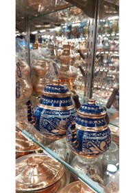 Resim Bakır Çaydanlık El Işlemesi Çiçek Desenli Mavi Renk İşlemeli Mavi 