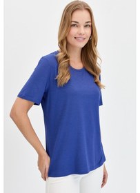 Resim Kadın Sıfır Yaka Flamlı Kumaş Penye Tshirt İndigo Indigo 