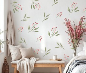 Resim Çiçek ve Yaprak Desenli Pastel Tonlu Duvar Sticker Seti - 114x27 cm / Karışık Renkli / Çiçek 
