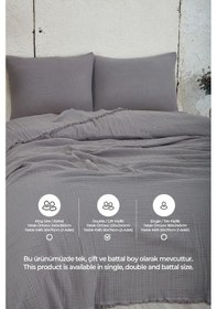 Resim %100 Pamuk Çift Kişilik Müslin Yatak Örtüsü 4 Katlı Yumuşak Battaniye Müslin Pike Takımı 3 Parça Gri Gri 