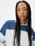 Resim Manşetli Kot Kumaş Detaylı Sweatshirt Bisiklet Yaka Şardonlu 