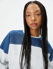 Resim Manşetli Kot Kumaş Detaylı Sweatshirt Bisiklet Yaka Şardonlu 