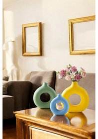 Resim Beyaz Dekoratif Vazo Seti Obje Ev Dekorasyon Masa Üstü Dekor Vazo Seti Model 23 Mavi Yeşil Sarı Mavi Yeşil Sarı 