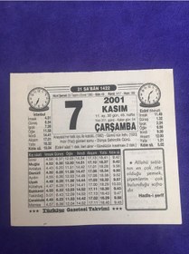 Resim 7 Kasım 2001 Takvim Yaprağı - Nostalji Koleksiyonluk Takvim Yaprağı B 