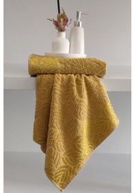 Resim 2'li Jakarlı Yaprak Desenli %100 Pamuk El Yüz Havlusu-50x90cm Hardal Hardal 