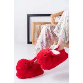 Resim Slipcat Tavşan Figürlü Kırmızı Peluş Panduf Ev Pandufu Unisex 