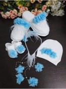 Resim Genel Markalar Turkuaz Inci Taşlı Çiçekli Lohusa Hamile Taç, Terlik,bandana,bebek Patik Seti 