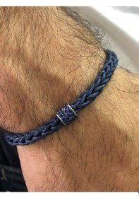 Resim Moda Kulesi Safir Taş Deri Örme Gümüş Erkek Bileklik 