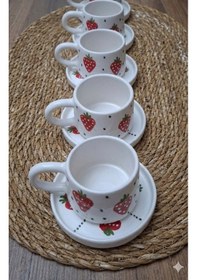Resim 6'lı Çilek Model Çay Kahve Fincanı Seti Beyaz 
