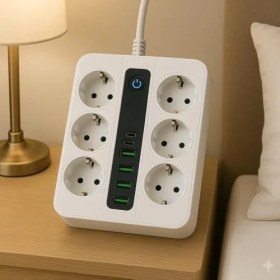 Resim 6 Priz + 4 USB Çıkışlı Akıllı Çoklu Priz - Aç/kapa Anahtarlı, Hızlı Şarj Destekli, 3680 Watt, Ev & Ofis Kullanımı 