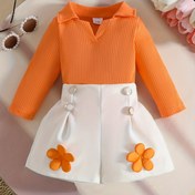 Resim Yurt İçi Moda Kız Yaka Uzun Kollu Üst + Aplike Dekoratif Düğme Şort Takımı, Günlük Sonbahar Kış İlkbahar Trend Kısa Pantolon Kıyafeti, Dış Mekan İçin Mükemmel 