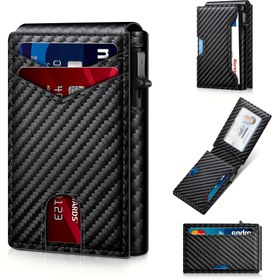 Resim Erkekler için 1 Adet LASVAULT RFID Engelleme Özellikli Açılır Kartlık - Karbon Fiber Dokulu İnce Sokak Stili Cüzdan Çoklu Kart Yuvaları ve Güvenli Kapatma ile Günlük Kullanım İçin Hafif Tasarım 