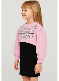 Resim Kız Çocuk İkili Takım Elbise Siyah Elbise Ve Pembe Sweatshirt, Şık Günlük Kombin, Kız Çocuk Elbise Pembe 