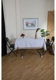 Resim Dnc Home Tekstil Beyaz Pamuk Keten Şerit Ponponlu Masa Örtüsü Beyaz 