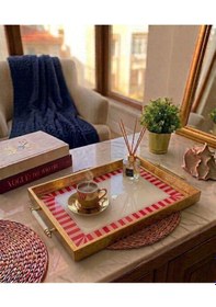 Resim Dekoratif Sunum Tepsisi - Gold Çerçeveli Kuş Figürlü Kırmızı Beyaz Çizgili Tepsi 
