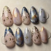 Resim 3D Yıldızlı Gece ve Ay Basıncı - Fransız Glitter Kedi Gözü Tasarımı, Badem Şekli, Orta Uzunluk, Mavi ve Mor Parlak Basıncı Tırnaklar Kadınlar İçin, Sevimli Tırnaklar, Kendin Yap Tırnak Sanatı, Zarif Tırnak Stili, Kolay Uygulama 