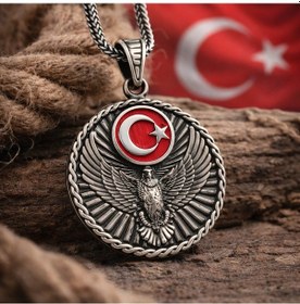 Resim Gümüş Türk Kartalı Ve Ay Yıldız Motifli Erkek Kolye Çok Renkli 