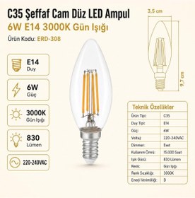 Resim HEKA C35 Şeffaf Cam Düz LED Ampul 6W E14 3000K Gün Işığı ERD-308 