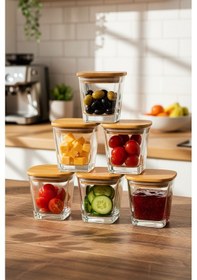 Resim Elite - 6'lı Bambu Kapaklı Vakumlu Cam Kahvaltılık Çok Amaçlı Cam Çerezlik 300 Ml Şeffaf 