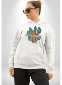 Resim Kaktüs Çita Kadın Erkek Beyaz Kapüşonlu Sweatshirt Hoodie Beyaz 