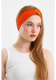 Resim Butik Çapraz Bağlamalı Kadın Bandana Saç Bandı, Kaymaz Yumuşak Esnek%100 Pamuklu Penye - Tek Ebat / Turuncu Turuncu 