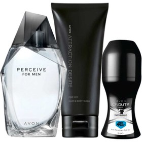Resim Avon Perceive Parfüm, Attraction Desire Saç Vücut Şampuanı ve Onduty Invisible Erkek Rollon Paketi 