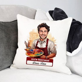 Resim En Başarılı Erkek Resim Öğretmeni Karikatürlü Yastık 
