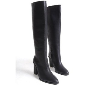Resim Mubiano Hakiki Deri Collection Kadın Fermuar Detaylı Topuklu Düz Çizme Siyah - Mcalm4242 - S Siyah 