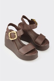 Resim Elle Shoes Kahve Deri Kadın Dolgu Topuk Sandalet 